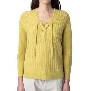 Orig $398 Zadig & Voltaire Fanny Sweater Lace-Up Merino Wool in Jaune - Size S